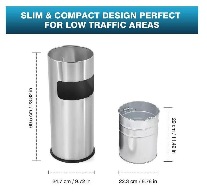 Popular Round Shape Outdoor Waste Bin Silver Stainless Steel Ash Lid Lobby Trash Can Metal Rubbish Bin