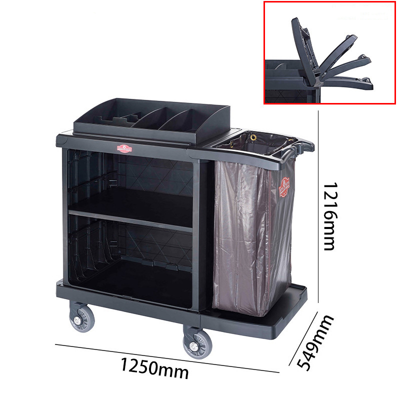 High Quality Black Hotel Cleaning Housekeeping Trolley PP Material Double Layers Room Service Cart with Storage Bag