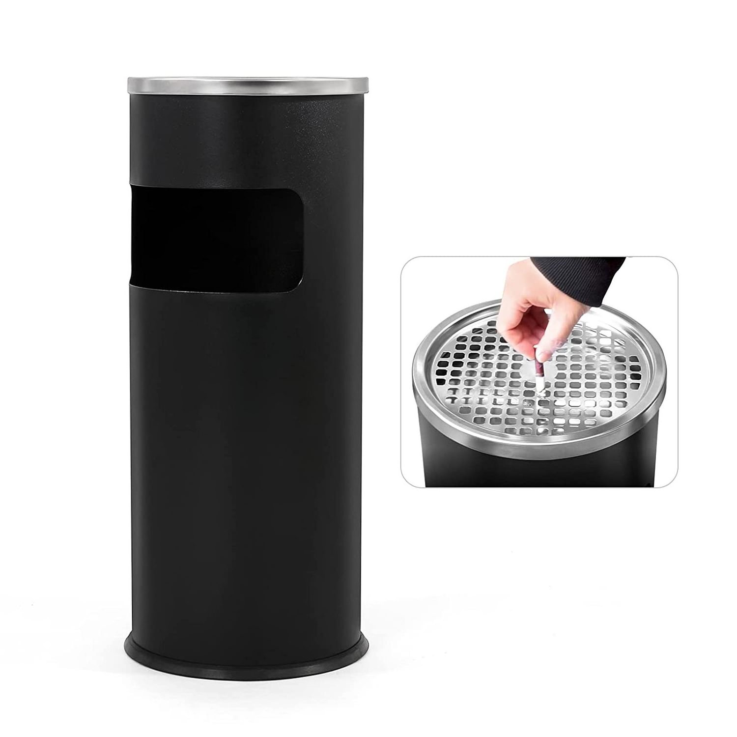 Popular Round Shape Outdoor Waste Bin Silver Stainless Steel Ash Lid Lobby Trash Can Metal Rubbish Bin