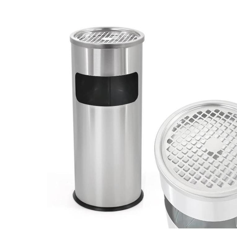 Popular Round Shape Outdoor Waste Bin Silver Stainless Steel Ash Lid Lobby Trash Can Metal Rubbish Bin