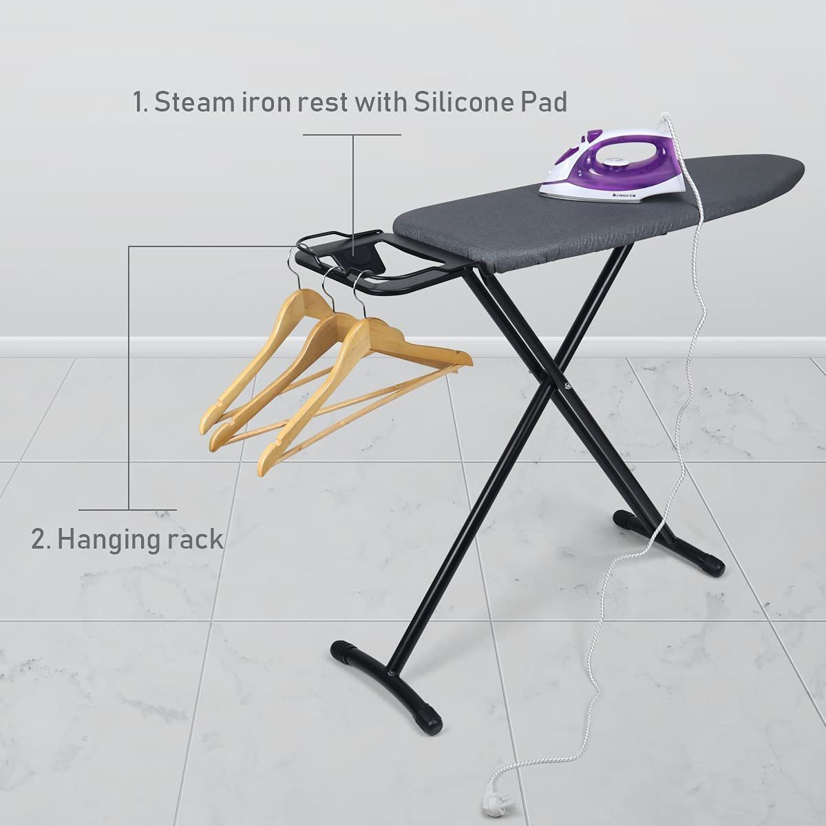 Hotel Supply Heavy Duty Black Metal Thickened Folding Ironing Board with Heat Resistant Cover