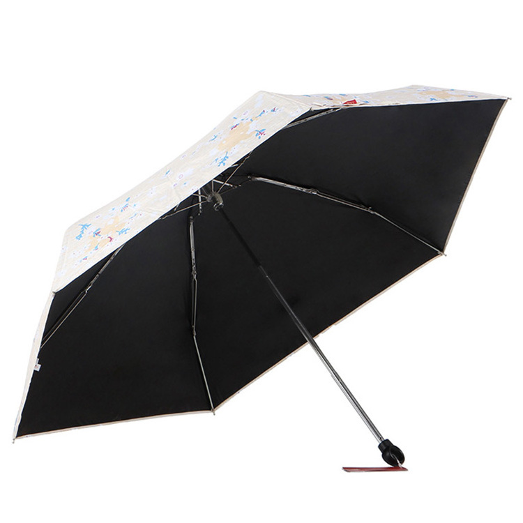 Black UV Proof Coating Mini Pocket Rain Sun Eco Friendly 5 Fold Umbrella With Ring Handle