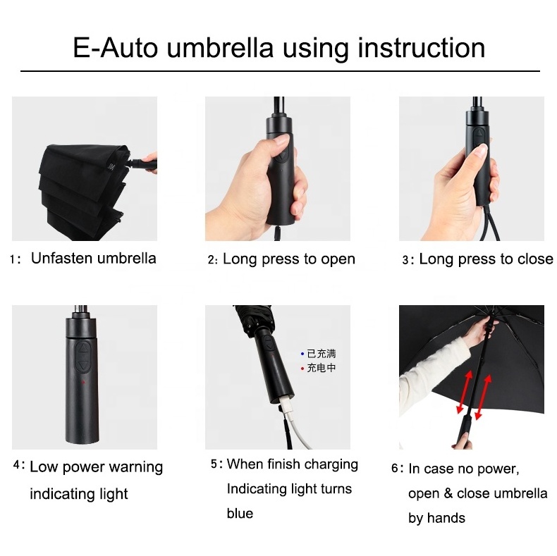 High-tech Smart Innovation Super Luxury Patent Auto Open Close Full Electric Umbrella Automatic With Power Bank Handle