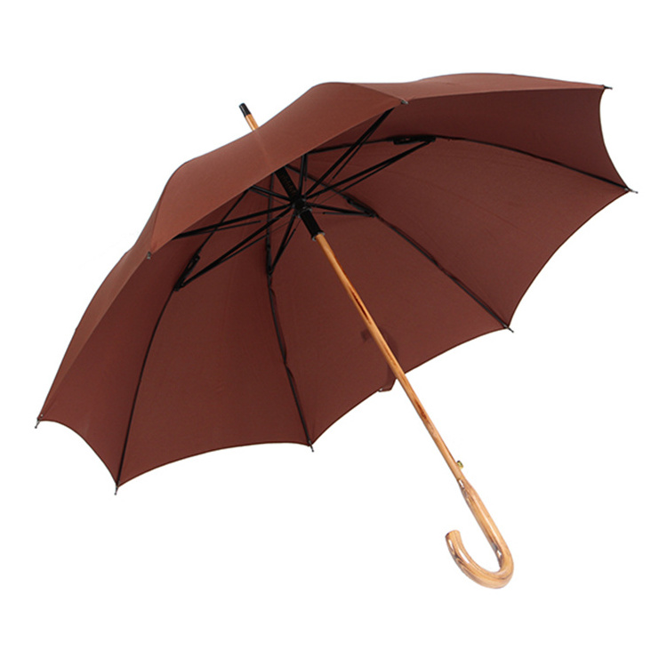 Brown Durable Big Size Strong Windproof Straight Wooden Shaft And Wood Curve Handle Umbrellas