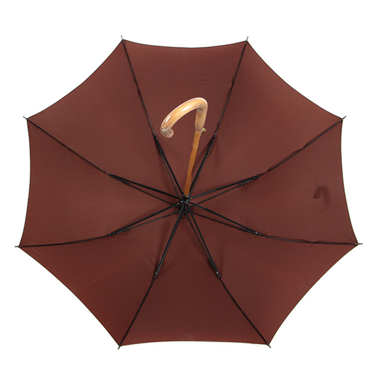 Brown Durable Big Size Strong Windproof Straight Wooden Shaft And Wood Curve Handle Umbrellas