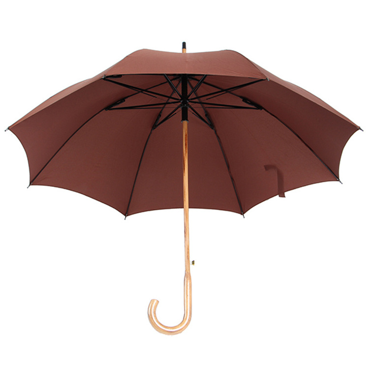 Brown Durable Big Size Strong Windproof Straight Wooden Shaft And Wood Curve Handle Umbrellas