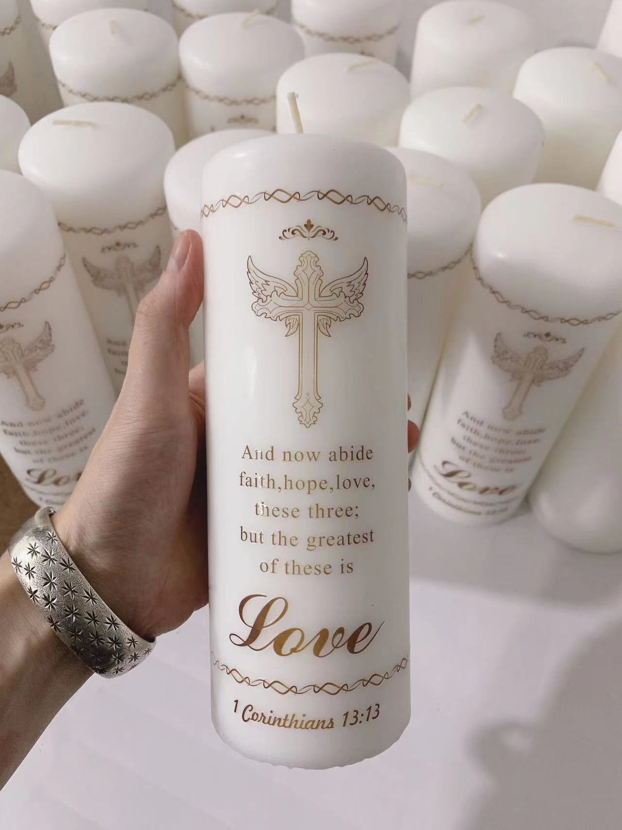 White Scented Religious Sticker Pillar Candles Home Fragrance Making Supplies Bulk