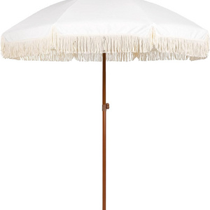 SUNDAY Custom Luxury Portable 8 Feet Wooden Pole Canvas Yellow Fringe Sun Outdoor Parasols Beach Umbrellas