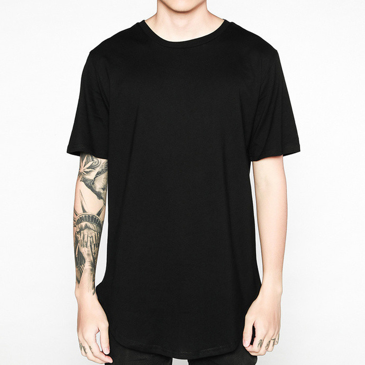 Wholesale Factory Round Bottom Longline Streetwear Cheap Blank Custom Printing Stock Cotton Black Curve Hem T Shirt