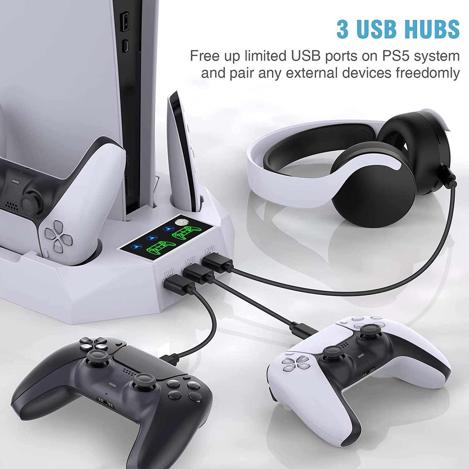 SUNDI Multi-function Ps5 Console Charging Base Cooling Fan Stand with Dual Controller Charger Station