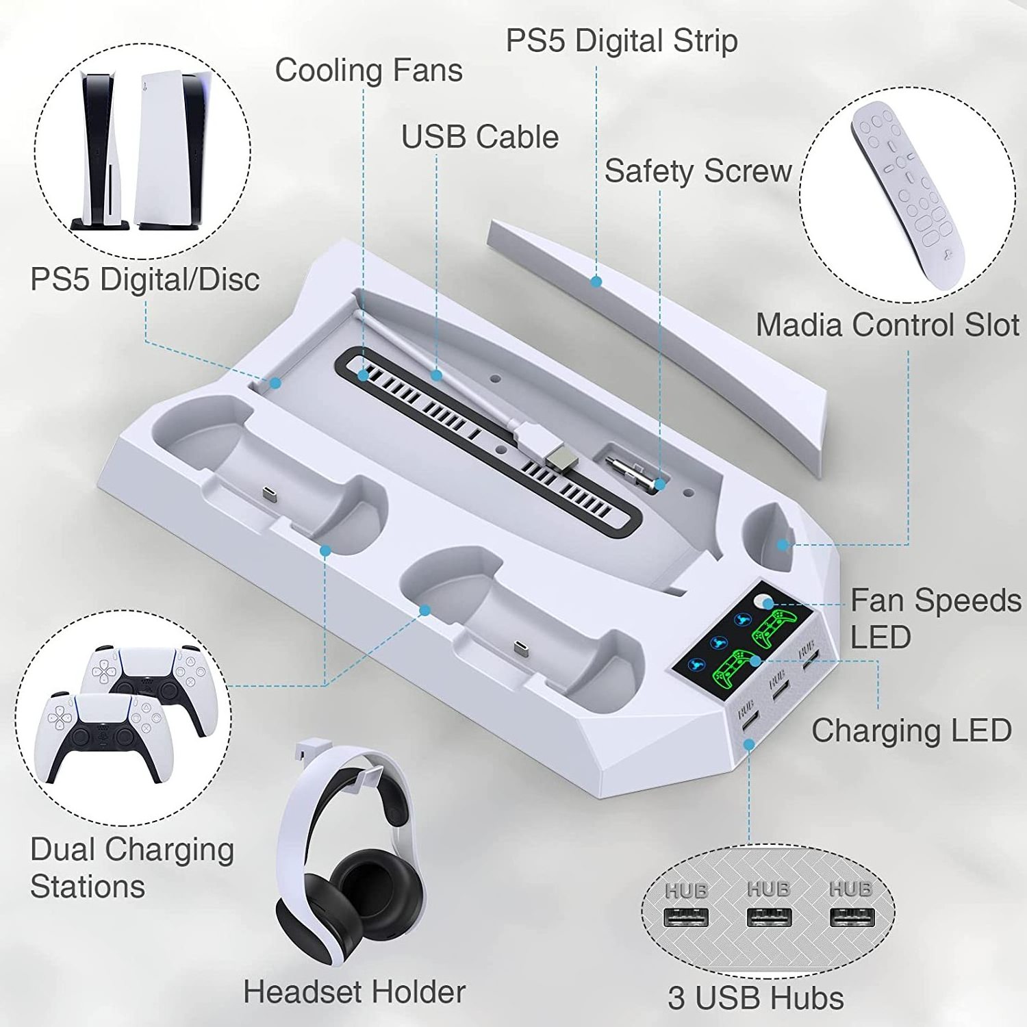 SUNDI Multi-function Ps5 Console Charging Base Cooling Fan Stand with Dual Controller Charger Station