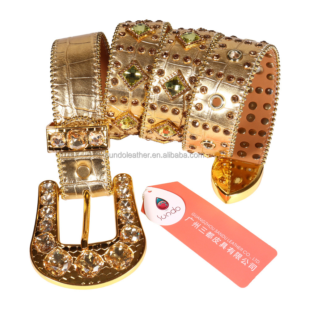 Sundo Attractive Men's Designer Stone Buckle Belt Bling Gold Luxury Men Women Waist Pu Belt Studded Diamond