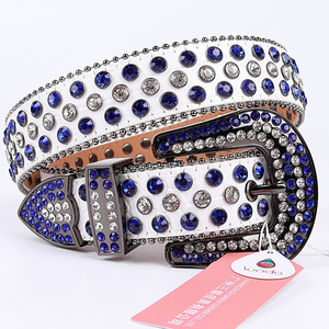 Sundo Crystal Studded Belts Classic Fashion Women's Leather Blue&White Diamonds Women Waist Rhinestone Belt Men