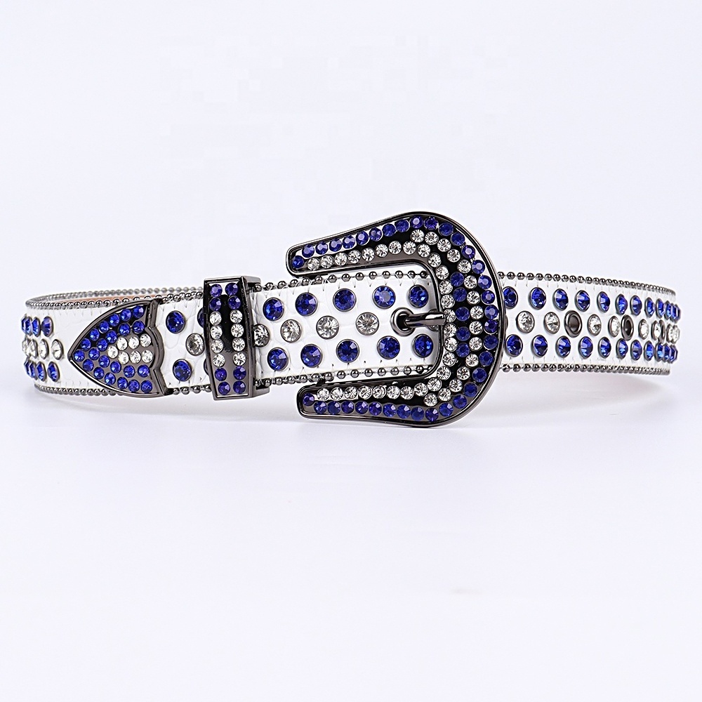 Sundo Crystal Studded Belts Classic Fashion Women's Leather Blue&White Diamonds Women Waist Rhinestone Belt Men