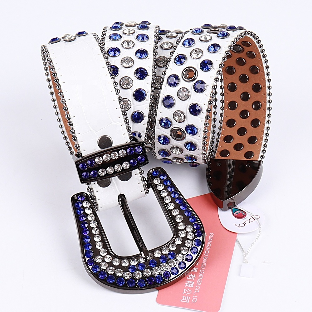 Sundo Crystal Studded Belts Classic Fashion Women's Leather Blue&White Diamonds Women Waist Rhinestone Belt Men