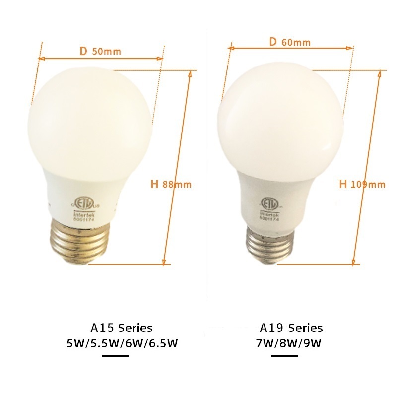 High Quality A15 A19 E26 Triac Dimming 5w 5.5w 6w 6.5w 7w 8w 9w 120V ETL Listed Linear Light Bulb