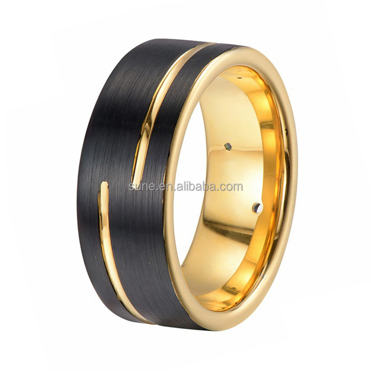 8MM Brushed Matte Finish Mens Black Gold Tungsten Ring Flat Diamond Engagement Ring