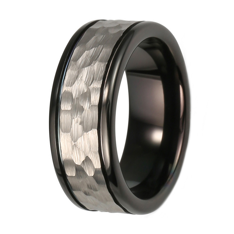 6mm 8mm Two Tone Black and Gold Plated Hammered Brushed Tungsten Carbide Wedding Band Ring for Men