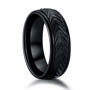 IP Black Plated Tire Tread Design Comfort Fit 8MM Tungsten Mens Ring