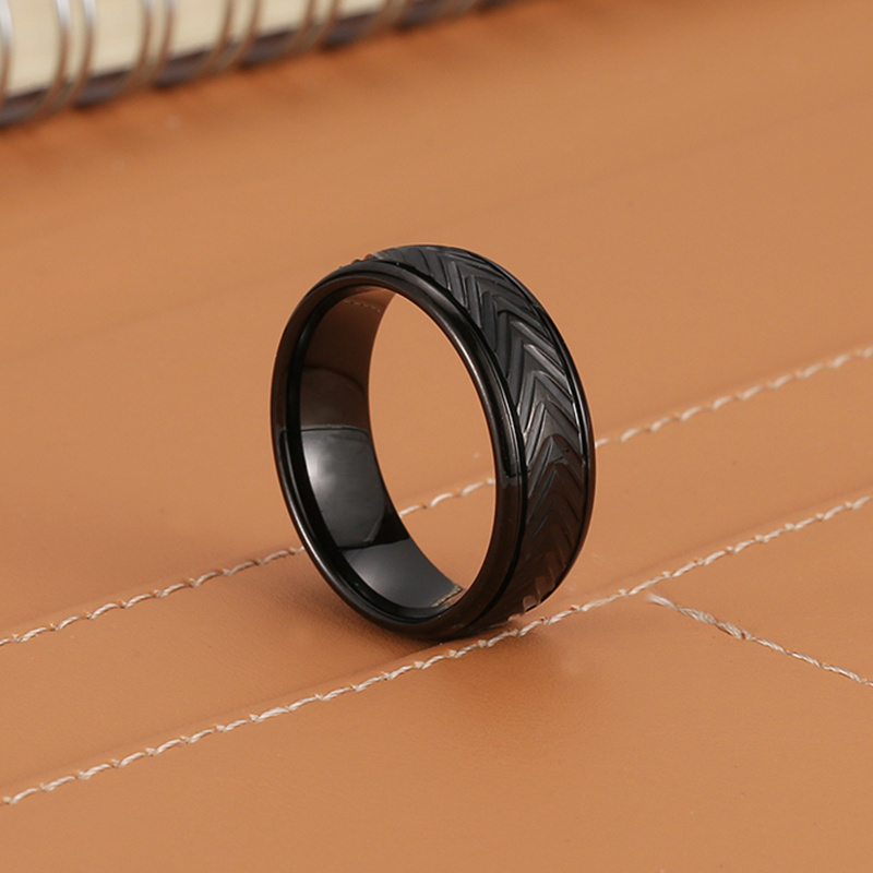 IP Black Plated Tire Tread Design Comfort Fit 8MM Tungsten Mens Ring