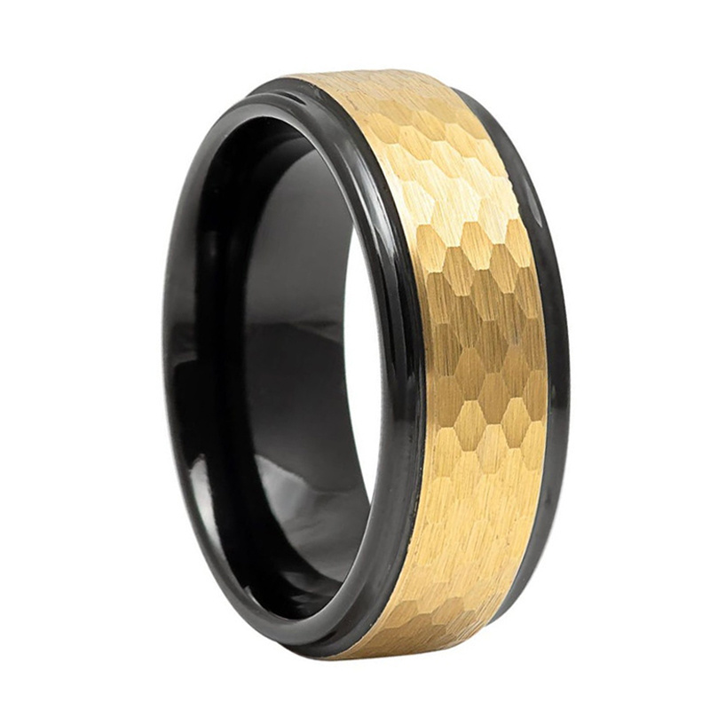 6mm 8mm Two Tone Black and Gold Plated Hammered Brushed Tungsten Carbide Wedding Band Ring for Men