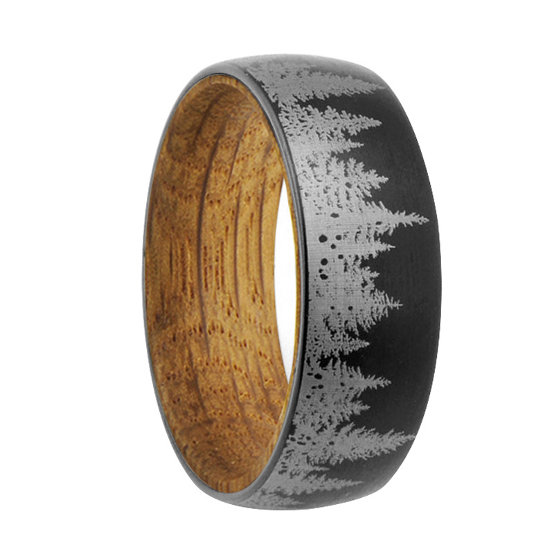 Wholesale Custom Made Forest Ring 8mm Black Tungsten Wedding Band Mens Ring Unique Wood Wedding Band