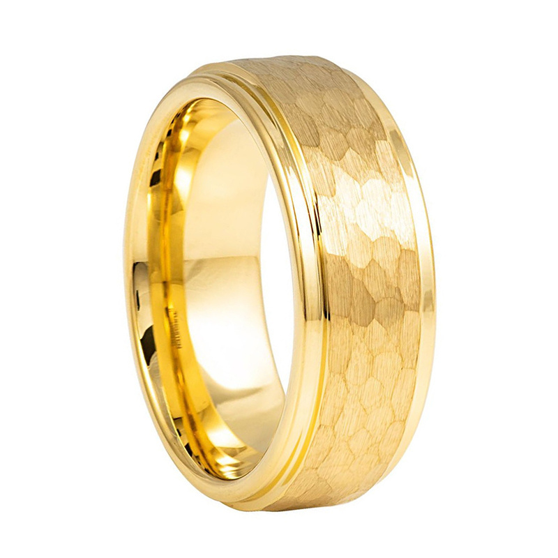 6mm 8mm Two Tone Black and Gold Plated Hammered Brushed Tungsten Carbide Wedding Band Ring for Men