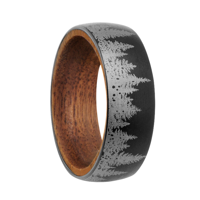 Wholesale Custom Made Forest Ring 8mm Black Tungsten Wedding Band Mens Ring Unique Wood Wedding Band