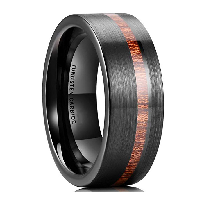 High Quality Hot Selling Classical Design Men's Black Tungsten Carbide Koa Wood Inlay Ring 6mm 8mm