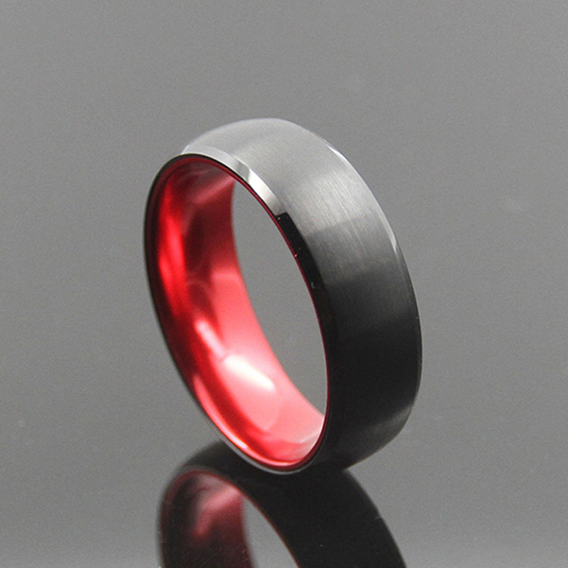 8mm Men's Black and Red Tungsten Carbide Wedding Band Engagement Ring Anodized Aluminum Interior Comfort fit