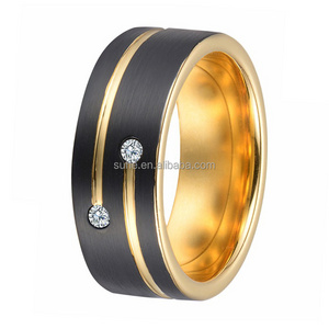 8MM Brushed Matte Finish Mens Black Gold Tungsten Ring Flat Diamond Engagement Ring