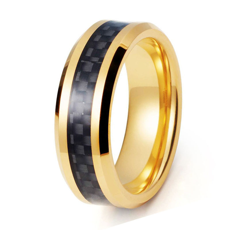 Factory Price 8mm Yellow Gold Plated Black Carbon Fiber Tungsten Ring Mens Gold Ring