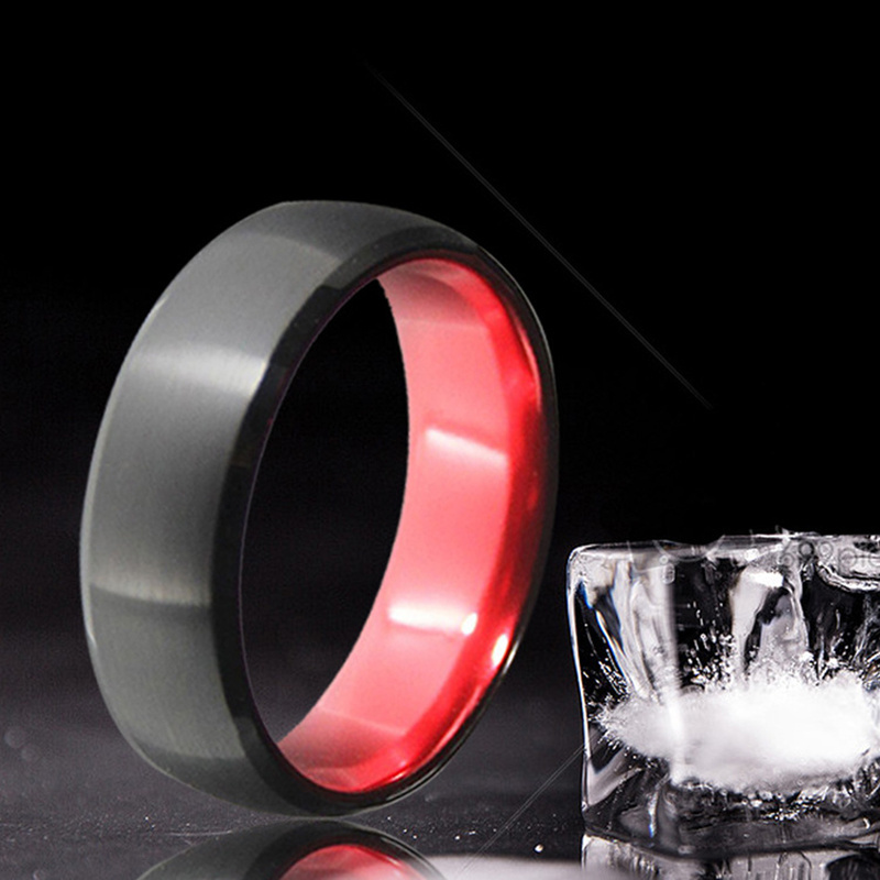 8mm Men's Black and Red Tungsten Carbide Wedding Band Engagement Ring Anodized Aluminum Interior Comfort fit