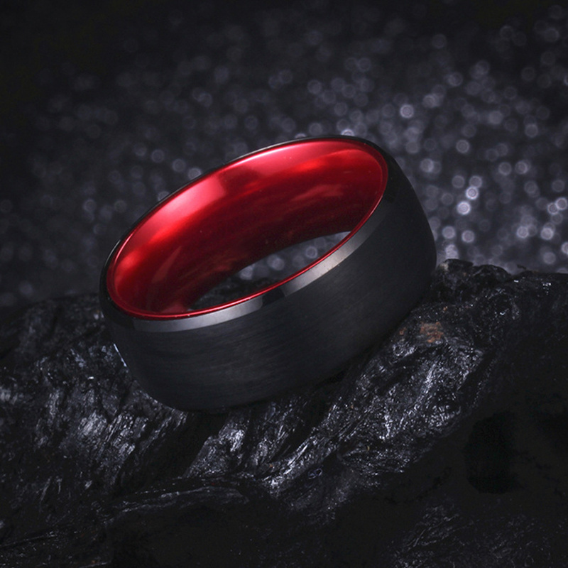 8mm Men's Black and Red Tungsten Carbide Wedding Band Engagement Ring Anodized Aluminum Interior Comfort fit