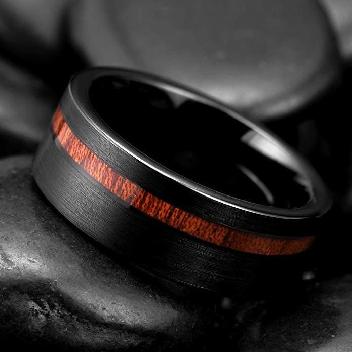 High Quality Hot Selling Classical Design Men's Black Tungsten Carbide Koa Wood Inlay Ring 6mm 8mm