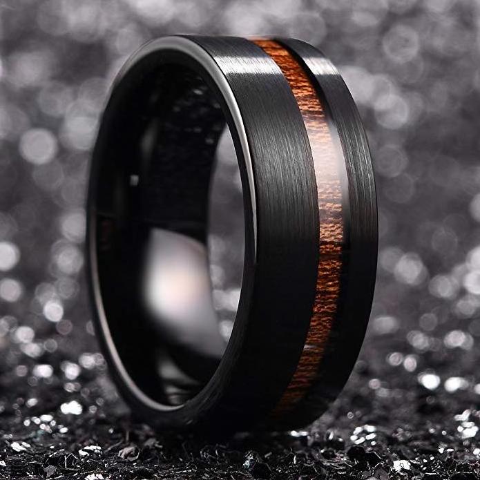 High Quality Hot Selling Classical Design Men's Black Tungsten Carbide Koa Wood Inlay Ring 6mm 8mm