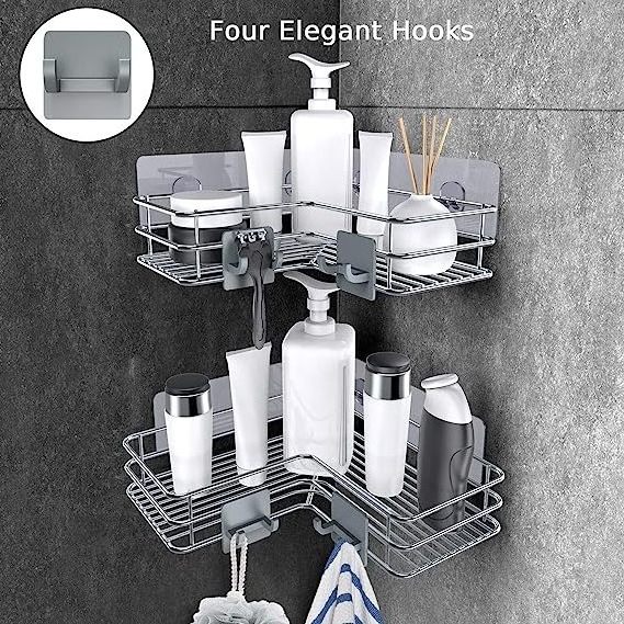 Adhesive Corner Shower Caddy Shelf Basket Rack Stainless Steel Bathroom Rack Shelf Shampoo Holder No Drilling