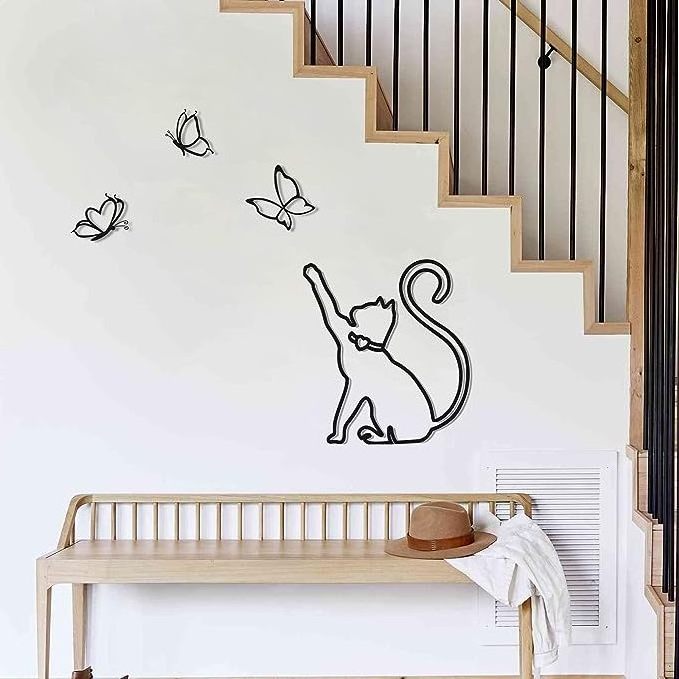 Cute Animals Metal Wall Art Decor Metal Cat Play with Butterfly Wire Line Wall Decoration For Living Room Home Wall Decor