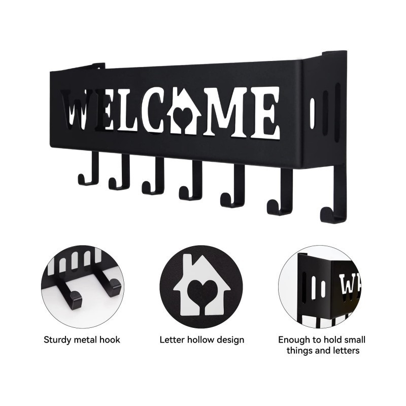 Welcome Mail Organizer Wall Mount Key Holder for Wall Decorative Black Hallway Entry Kitchen Office Key Holder