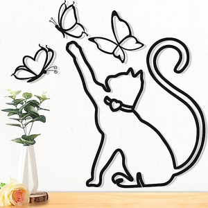 Cute Animals Metal Wall Art Decor Metal Cat Play with Butterfly Wire Line Wall Decoration For Living Room Home Wall Decor