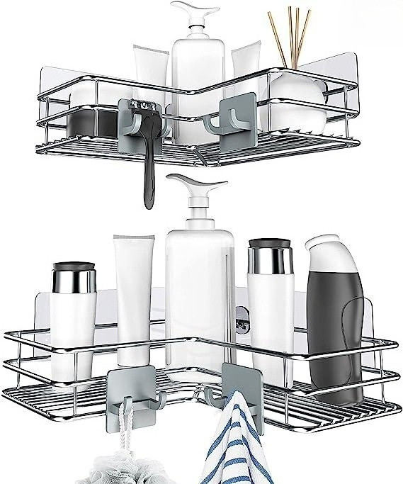 Adhesive Corner Shower Caddy Shelf Basket Rack Stainless Steel Bathroom Rack Shelf Shampoo Holder No Drilling