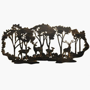 Wholesale Metal Iron Wall Art Deer in the Forest Pine Tree Home Living Decor Metal Wall Art for Living Room