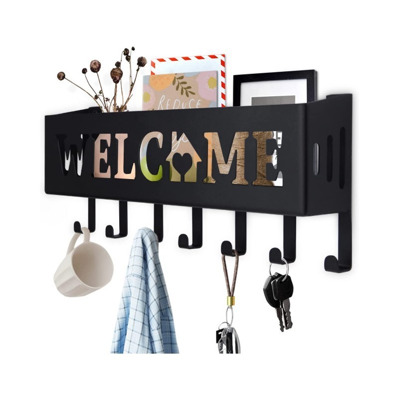 Welcome Mail Organizer Wall Mount Key Holder for Wall Decorative Black Hallway Entry Kitchen Office Key Holder