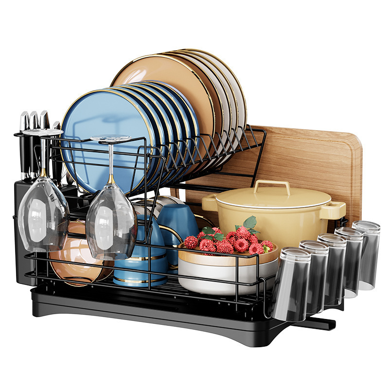 Kitchen over the sink dish drying rack foldable 2 tier two layers double metal custom cheap kitchen dish drainer rack