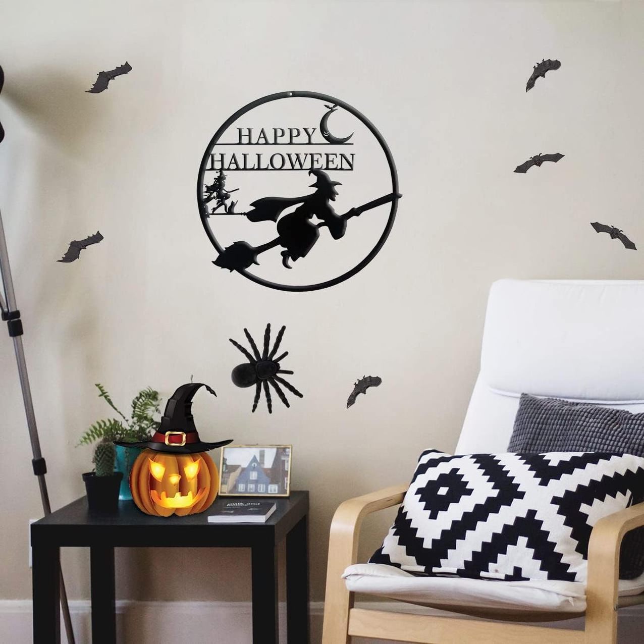 Halloween Decoration Metal Witch Art Wall Decoration Moon Bat Cat Wall Hanging Happy Halloween Scary Home Decoration