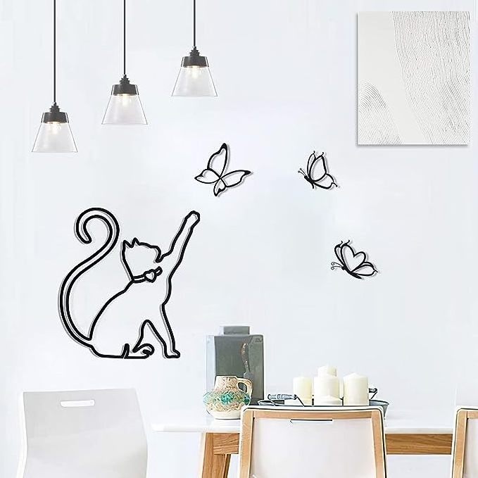 Cute Animals Metal Wall Art Decor Metal Cat Play with Butterfly Wire Line Wall Decoration For Living Room Home Wall Decor