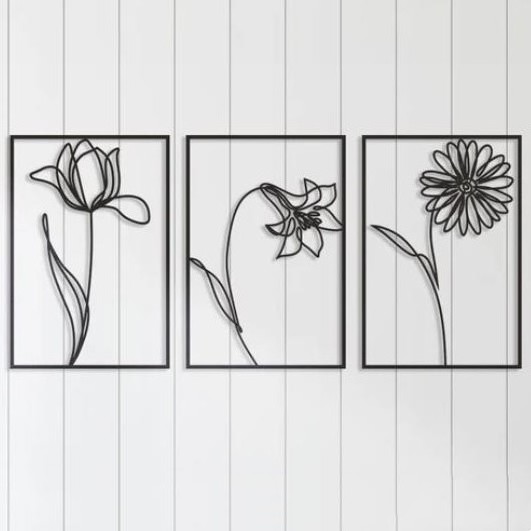 Personalized Manufacturer Flower Lineart 3 Pieces Texture Paint Metal Wall Decoration Homewarming Gift Metal Wall Art Decor