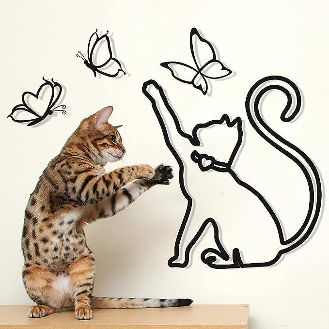 Cute Animals Metal Wall Art Decor Metal Cat Play with Butterfly Wire Line Wall Decoration For Living Room Home Wall Decor