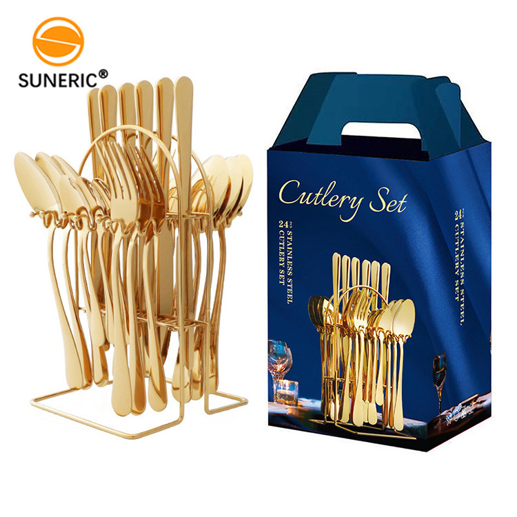 24pcs gold black silverware cutlery stainless steel flatware with holder organizer stand rack