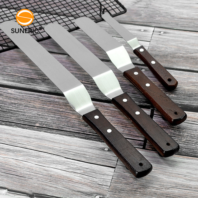 Wholesale stainless steel cake icing spreader knife offset spatula with wooden handle